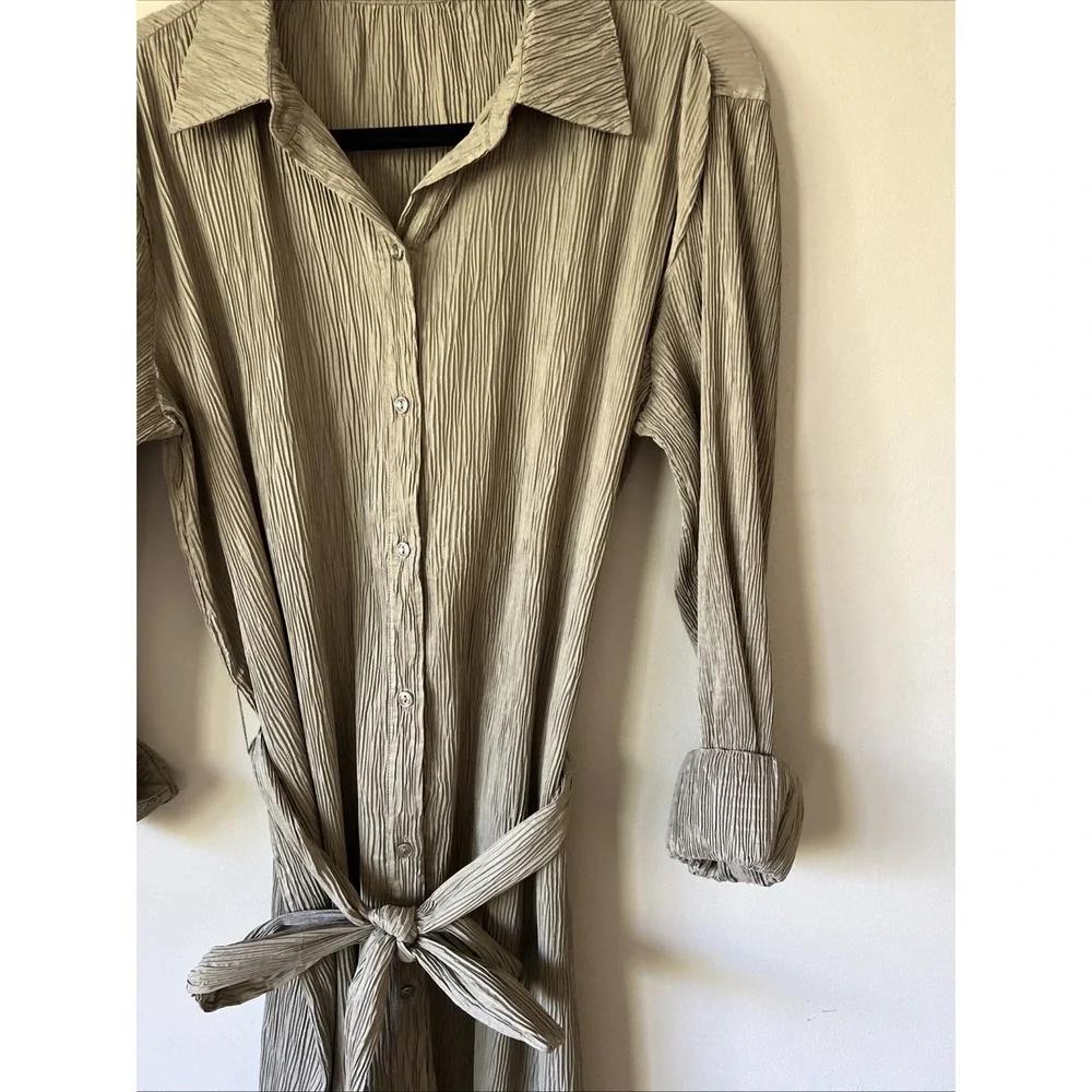 Anine Bing Alma Pleated Shirt Midi Dress Size Small Belted Green Khaki Modern